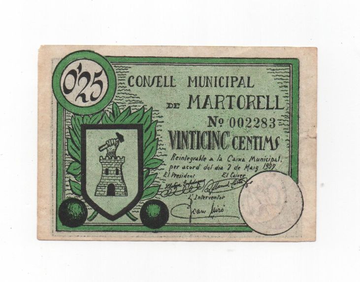 ESPAÑA BILLETE LOCAL REPUBLICANO DEL AÑO 1937 DE 0.25 CTMS. CONSEJO MUNICIPAL DE MARTORELL